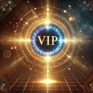 DALL·E 2025 03 24 05.40.54 A futuristic and mystical digital gateway labeled VIP in an elegant golden font. The gateway glows with ethereal energy symbolizing enlightenment a